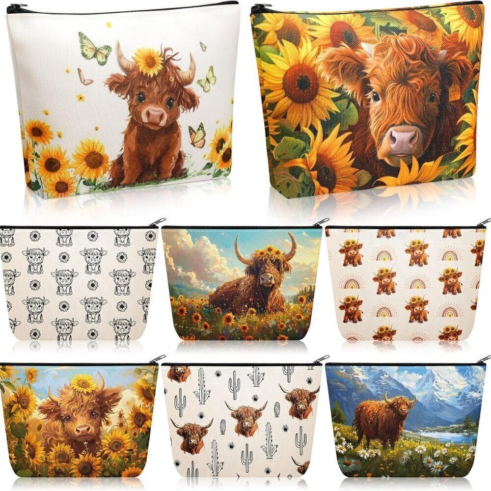 8 Pcs Highland Cow Makeup Bag Bulk Western Cowgirls Gifts for Women Sunflower Da